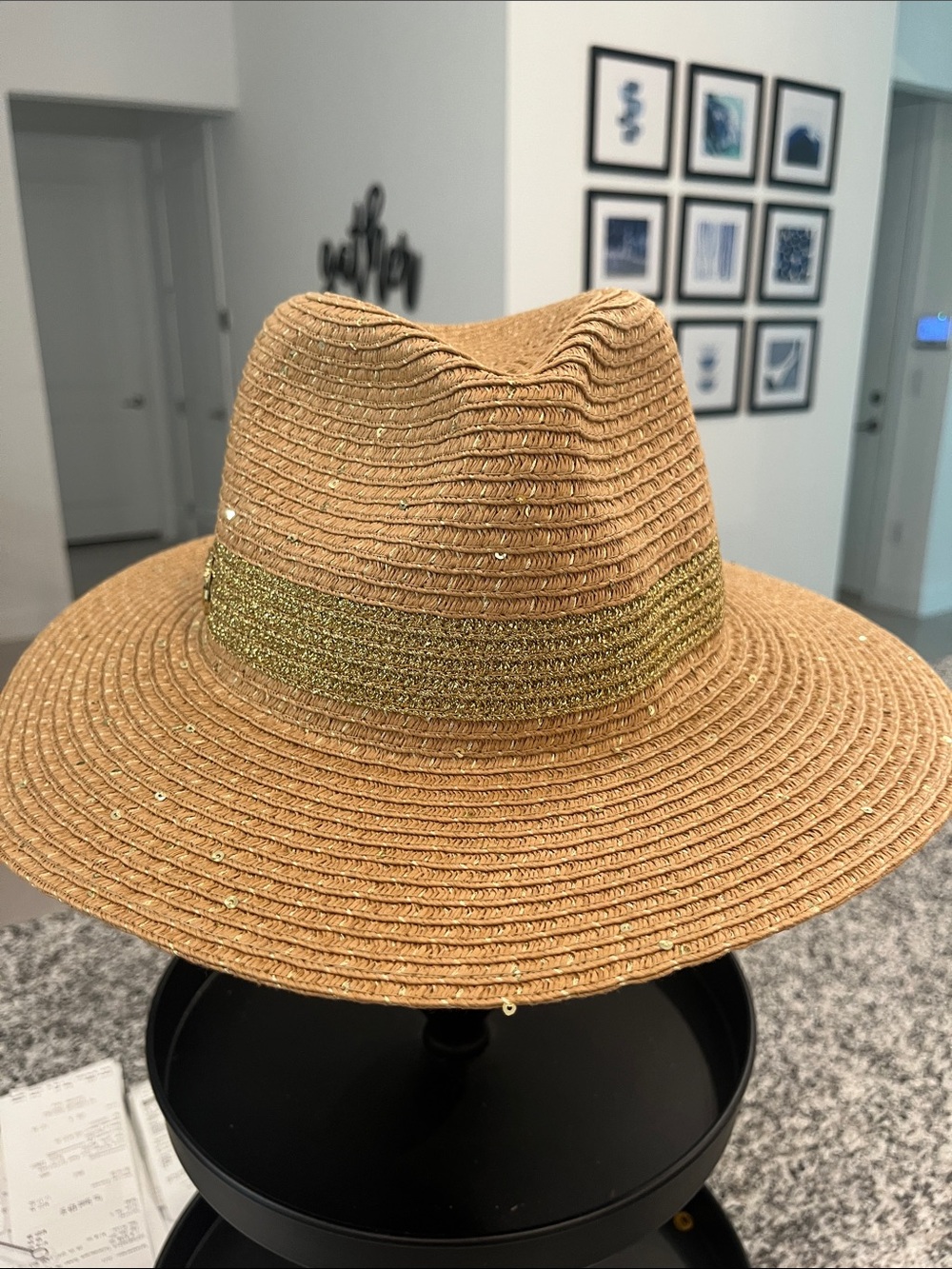 Vince Camuto Golden Tan Straw Fedora with Metallic Band